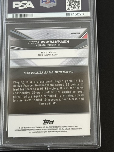 Victor Wembanyama 2022 Bowman University Best Refractor #51 PSA 9 - Picture 6 of 7