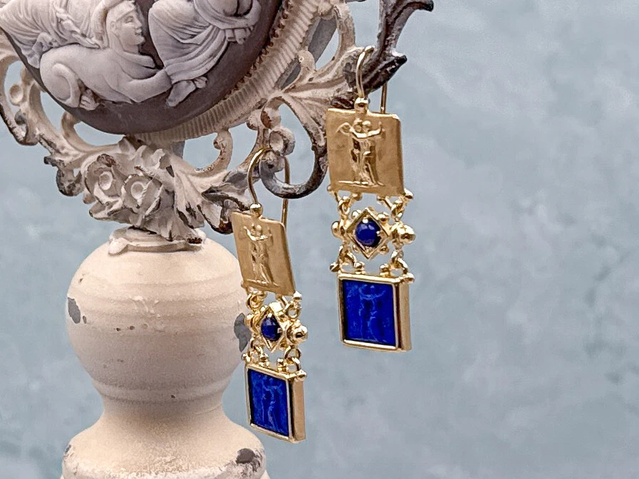 Pendientes camafeo TAGLIAMONTE (2318E) 925/YGP lapislázuli*psique, amore*reg. $225 Foto 3 de 4