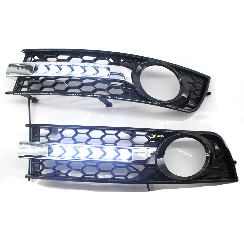 Honeycomb Front Bumper Fog Light Lamp Chrome Grille LED DRL For Audi A4 B6 01-05