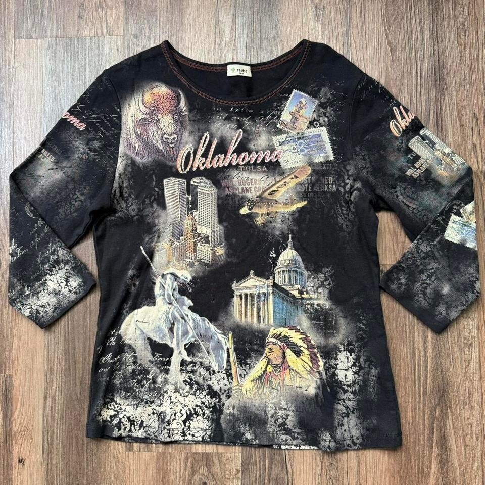 90s Oklahoma vintage AOP 3/4 sleeve womens large studded graphic tee