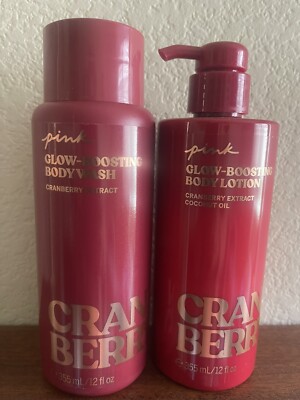 2 VICTORIA SECRET PINK CRANBERRY GLOW BOOSTING BODY LOTION AND BODY  WASH 12 OZ 