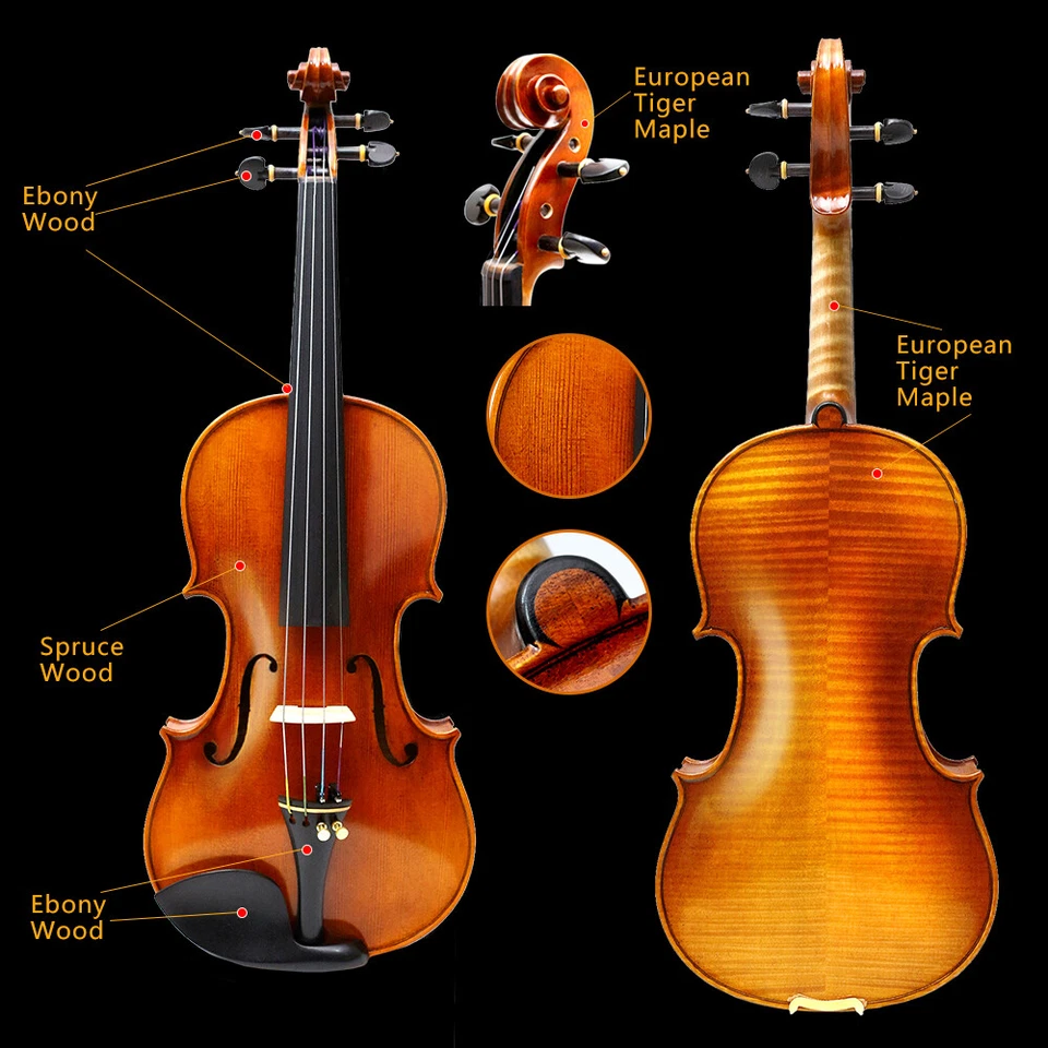 Tiger Maple Handmade 4/4 Violin With Premium Ebony Hardware And Case Master New - Image 3 of 4