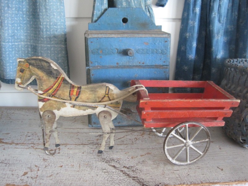 Old Circa 1911 Gibbs Toy Company Wood Litho Horse Original  Red Paint Wood Cart
