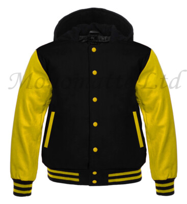  Varsity Letterman baseball Black wool & Yellow Genuine Leather Sleeves Hoodie