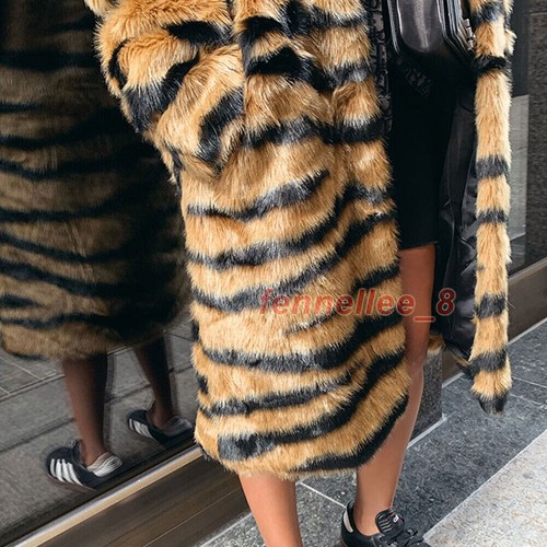 Winter Plus Size Womens Faux Fur Tiger Print Luxury Coat Loose Fashion Long Coat - Picture 10 of 14