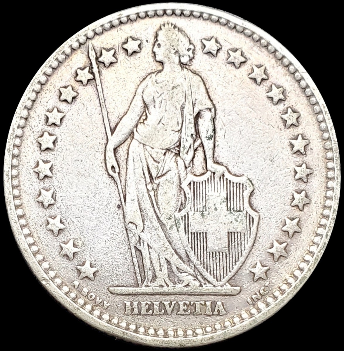 1920 B Switzerland 2 Francs .835 Silver Coin Helvetia Standing