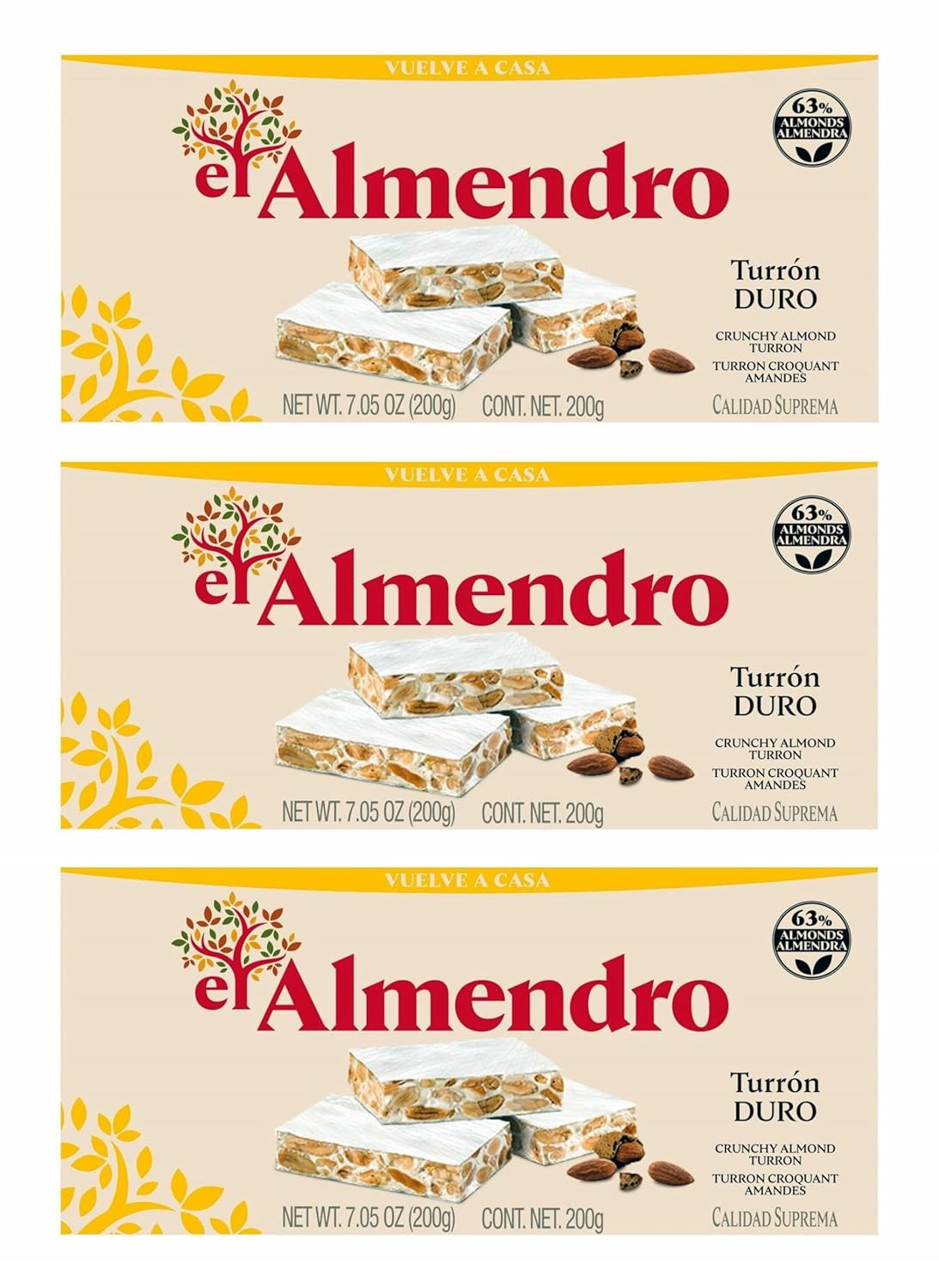 Turrón de almendras crujiente (paquete de 3 7,05 oz cada barra)