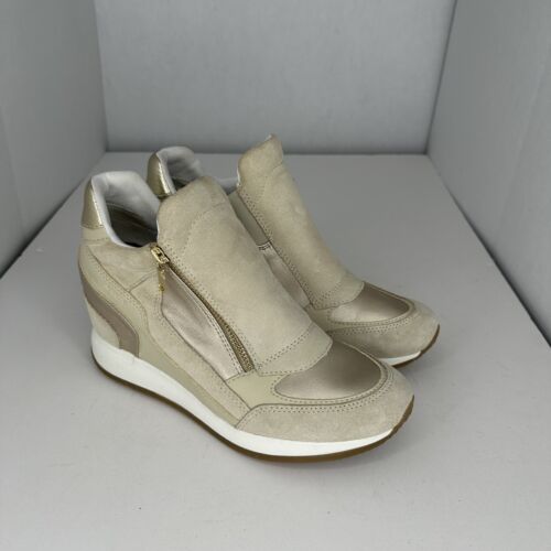Geox Nydame Mix Media Wedge Sneakers Beige and Gold Zipper 2.5" Wedge Heel