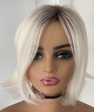 Platinum Blonde Asymmetrical Bob Short-cosplay Costume Wig with Dark Roots