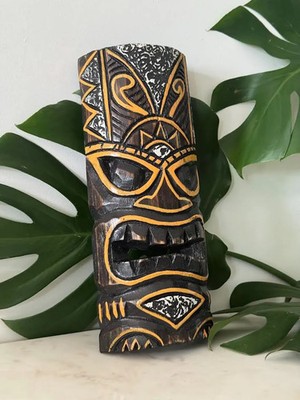 Hawaii Hand Made Carved Wooden 12'' Tiki Painted Mask Wall Decor Hanging Man Cave