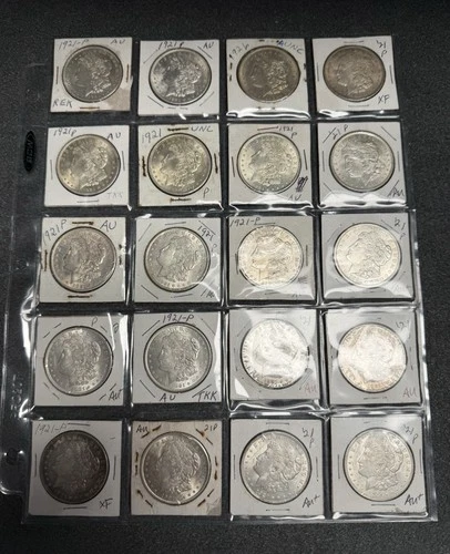 Roll of 20 1921-P Morgan Silver Dollars (mostly AU), U.S. $1 Coins lot set