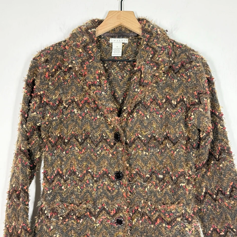 Tweeds Boucle Blazer Size Medium Brown Chevron Wool Blend Textured Career Jacket - Image 3 of 4