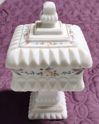 Vintage Westmoreland Milk Glass Compote with Lid, Floral Square, Glossy Finish