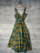 Ulla Johnson Dress Womens 0 Green Yellow Ikat Cotton Midi Tie Back Sleeveless