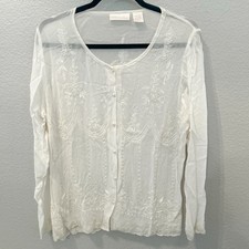 Soft Surroundings Ivory Beaded Long Sleeve Button Down Sheer Top Blouse Medium