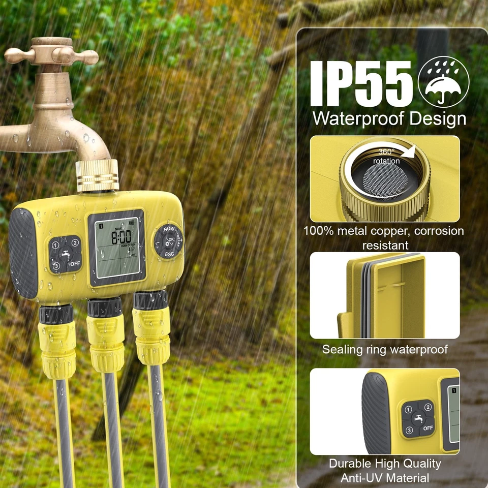 1-Water Timer Irrigation System With 3 Outlets For Garden Programmable JRDN - Image 3 of 4