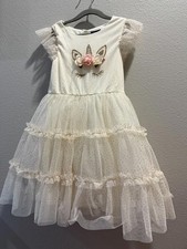 Girls' White Unicorn Themed Party Dress with Floral Embellishments