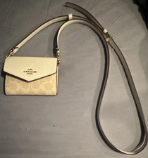 Coach Beige White Logo Small Shoulder Bag Adjustable Strap Designer Classic