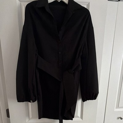PrettyLittleThing Black Belted Shirt Dress Long Sleeve US 6