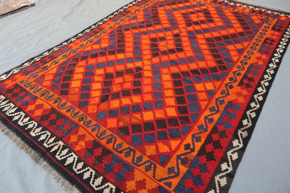 Alfombra Kilim Maimana Afgana 5x8 - Alfombra Patrón Diamante Tribal Naranja Brillante y Azul Marino Foto 4 de 4