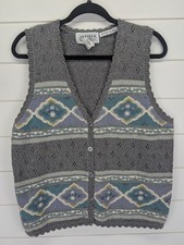 Vintage Jantzen Knit Sweater Vest Large Gray Floral Cottagecore Embroidered 90s