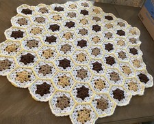 Vintage Crocheted Teddy Bear Baby Blanket Hexagon pattern / 40 inch.