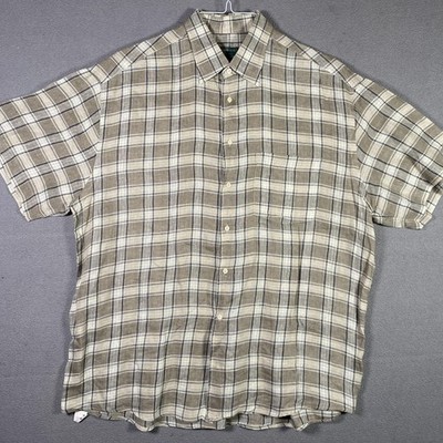 Rodrigo Linen Shirt Mens XL Beige Brown Plaid Short Sleeve Made In Italy