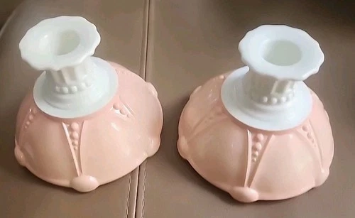Pair Vtg 30s Art Deco Dusty Pink Rose White Milk Glass Skirt Candlestick Holders