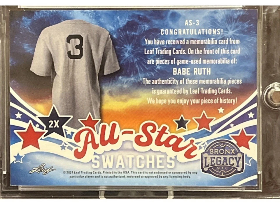 TARJETA DE MURCIÉLAGO USADA EN EL JUEGO DE BABE RUTH #d 6/7 PC 2024 MUESTRAS LEAF BRONX LEGACY ALL STAR Foto 2 de 2