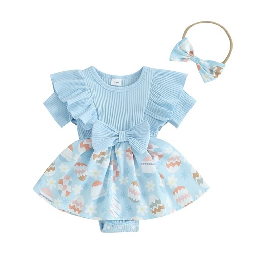 Infant Baby Girls Easter Outfit Ruffle Short Sleeve Rompers Newborn Romper Dr...