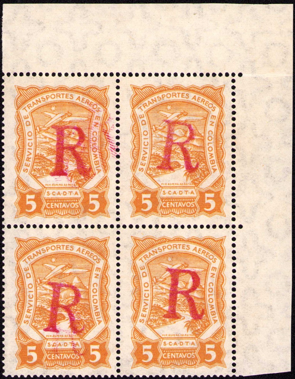 COLOMBIA - SCADTA - REGISTRATION - 5c BLOCK - GEBAUER 62 - 1923 RRR