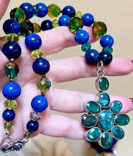 SCHÖNE Halskette Sterlingsilber Brillant blau-grün Apatit & Kunstglas - Bild 10 von 16
