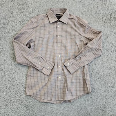 Jos A Bank Reserve Mens M Tailored Fit Dress Shirt Brown Check Long Sleeve