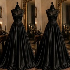 Women Evening Dresses Spaghetti Straps A Line Black Satin Ladies Prom Gowns