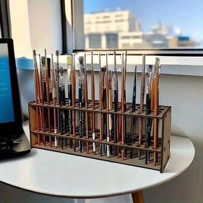 67-Slot Premium Wooden Brush Holder   Durable Artist Desk Organizer