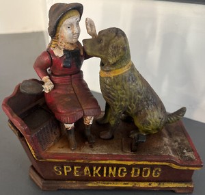 Vintage Painted Cast Iron "Speaking Dog" Mechanical Bank Toy - Works!, Needs TLC
