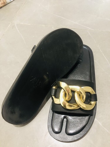 Zara women Black Flat Sandals with gold chain_Size 37 | eBay
