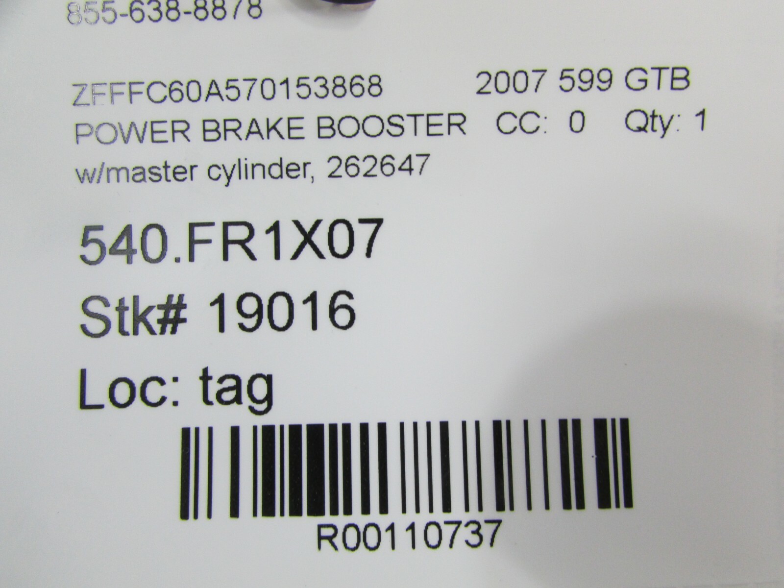 Ferrari 599 GTB, Power Brake Booster w/ Master Cylinder, CCM, Used, P/N 218441