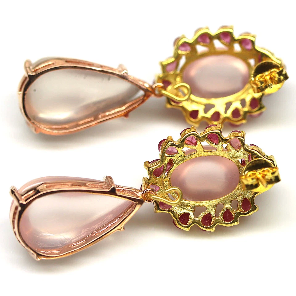 925 Sterling Silver 13 x 23 mm. Pink Rose Quartz & Red Ruby Earrings  - Image 3 of 4