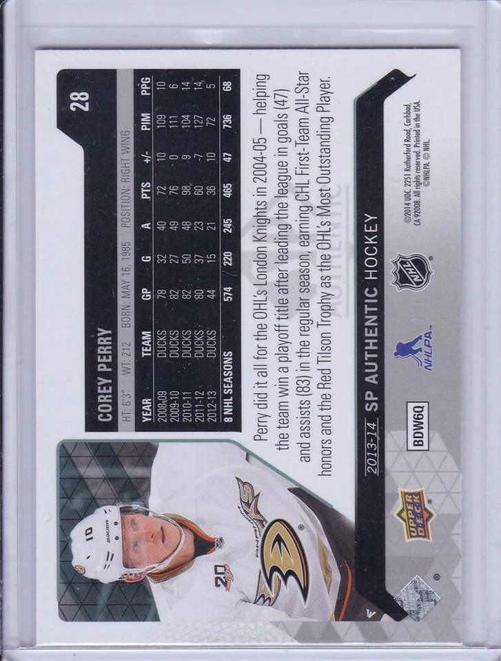 Corey Perry 2013 SP Authentic Hockey Card 28 Grade MT - Image 2 of 2