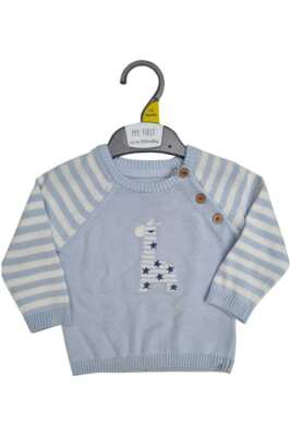 Ex Mothercare baby boys blue and white jumper with giraffe sweater jumper cotton