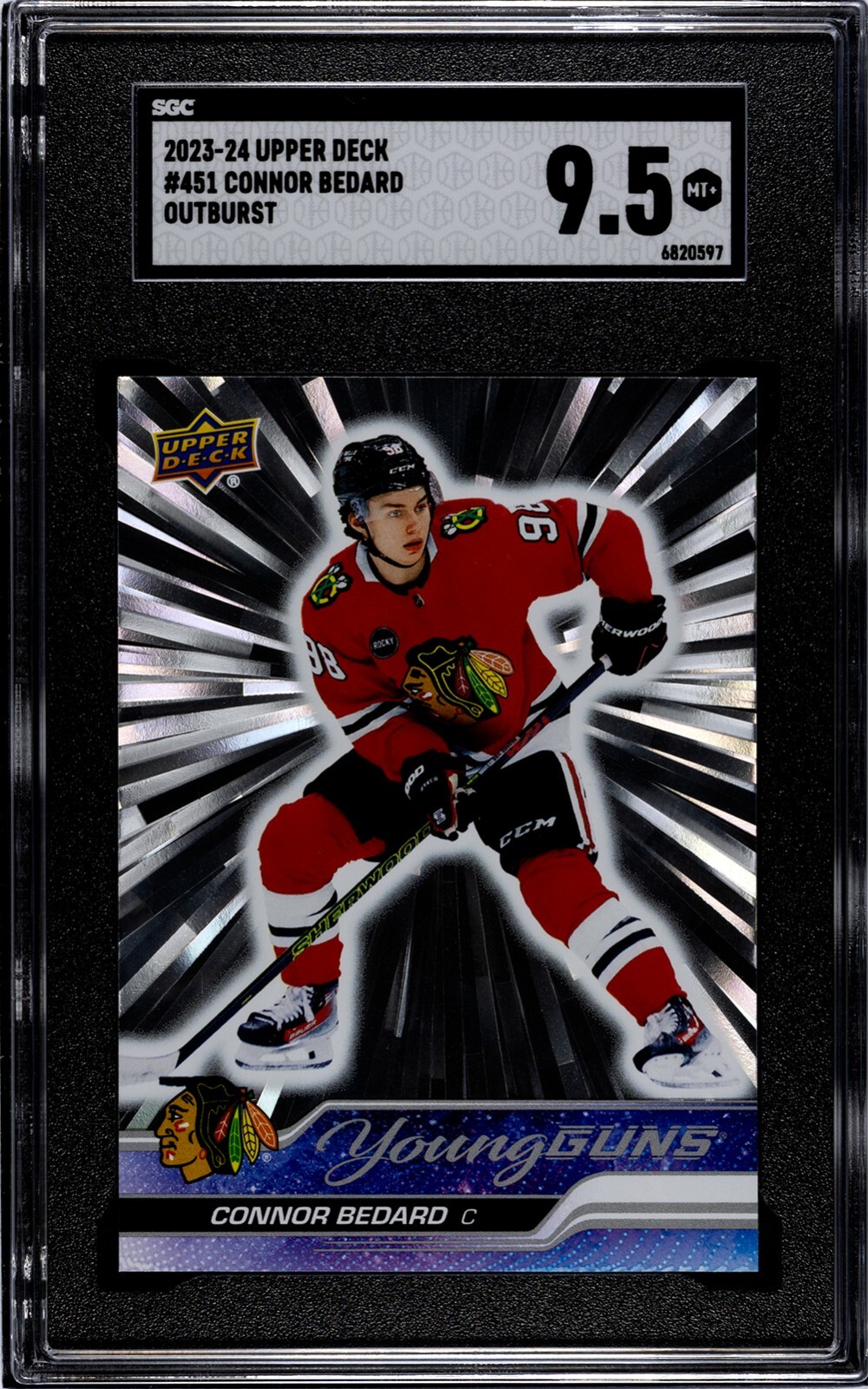 SGC 9.5+ 2023-24 Upper Deck OUTBURST SILVER 451 Connor Bedard Young Guns RC