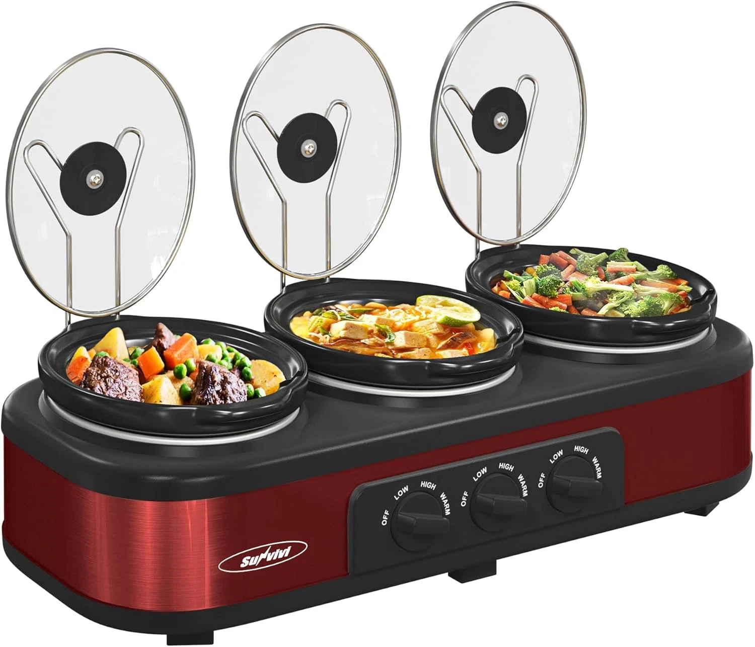 Triple Slow Cooker Buffet Server with Removable Pots and Adjustable Temp, Red