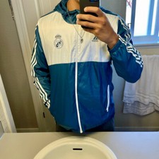 Chaqueta Adidas Vintage Rara Real Madrid Tejida Nylon Brillo Himno Blanco Verde azulado