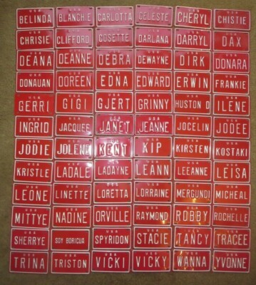 1970's U S A red Mini  Metal Name Bike / Pedal Car License Plate Sign Tag