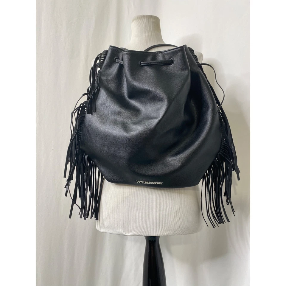 Victoria's Secret Women Large Backpack Bucket Bag Purse Black Faux Leather - Image 3 of 4