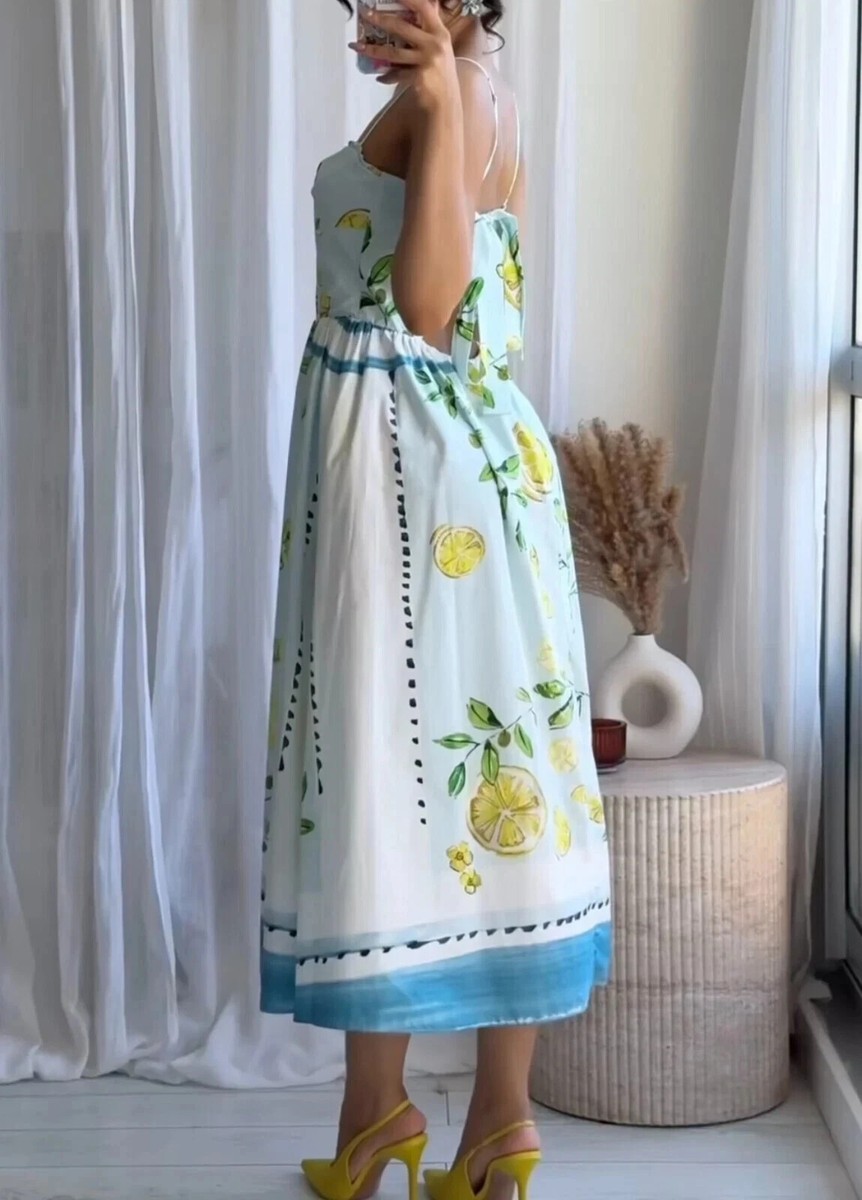 ワンピース ZARA LEMON PRINT POPLIN DRESS 3454/347/050 ZARA NEW WOMAN MIDI STRAPPY LEMON PRINT POPLIN DRESS OPEN