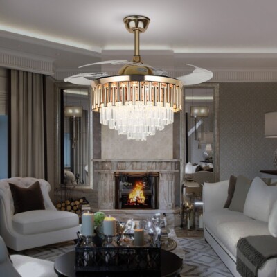 42'' Luxury Crystal Ceiling Fan Remote Invisible Blades LED 3-Color Chandelier