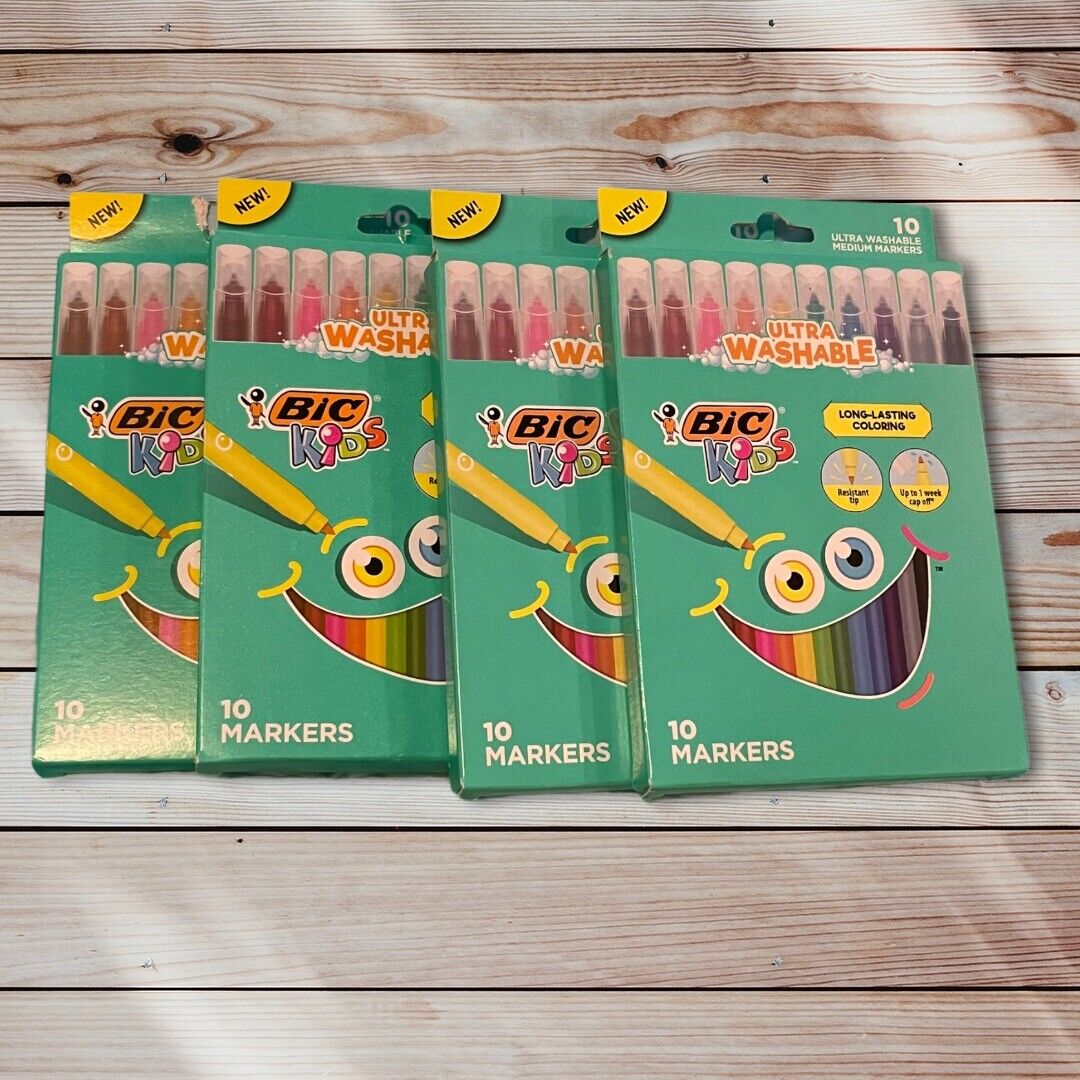 LOT OF 4 BIC Kids Coloring Ultra Washable Markers 10 Pack NEW