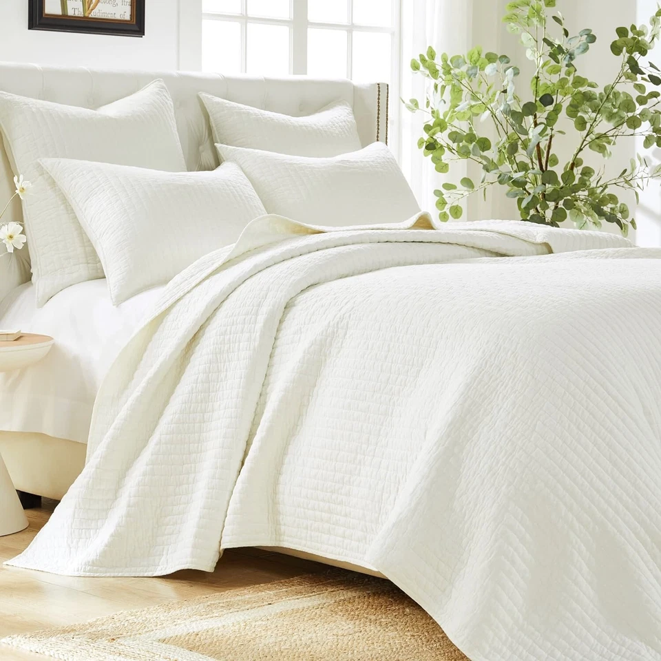 OFF WHITE 3pc King QUILT SET : COTTON CHIC FARMHOUSE CROSS STITCH MONTERREY - Image 2 of 4